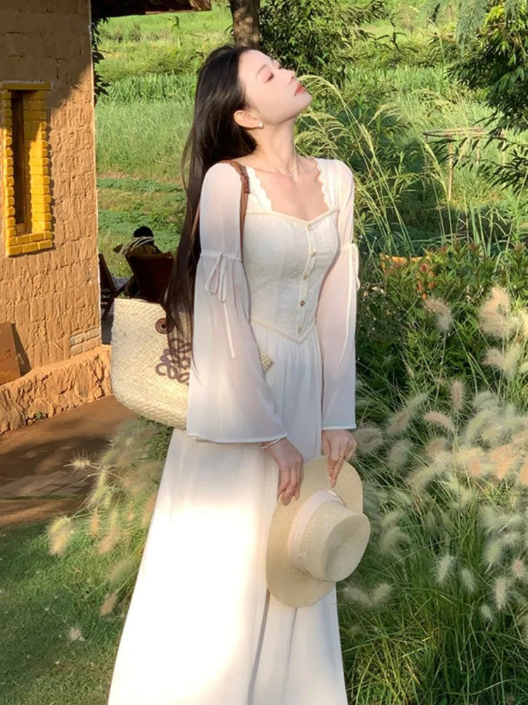 French Flare Sleeve Midi Dresses for Square Collar A-line Autumn New Party Dress Female Clothing
