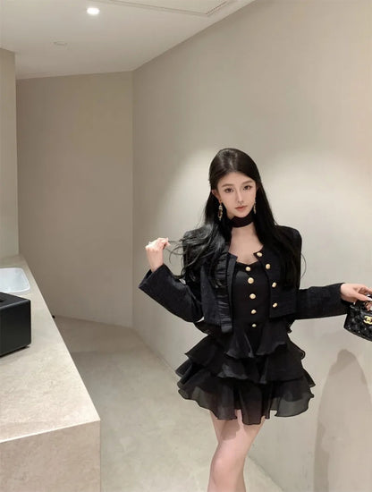 Sweet Hot Girl Suit Autumn Winter Gold Buckle Short Coat Laceup Slim Aline Dress Twopiece Set Female Clothes