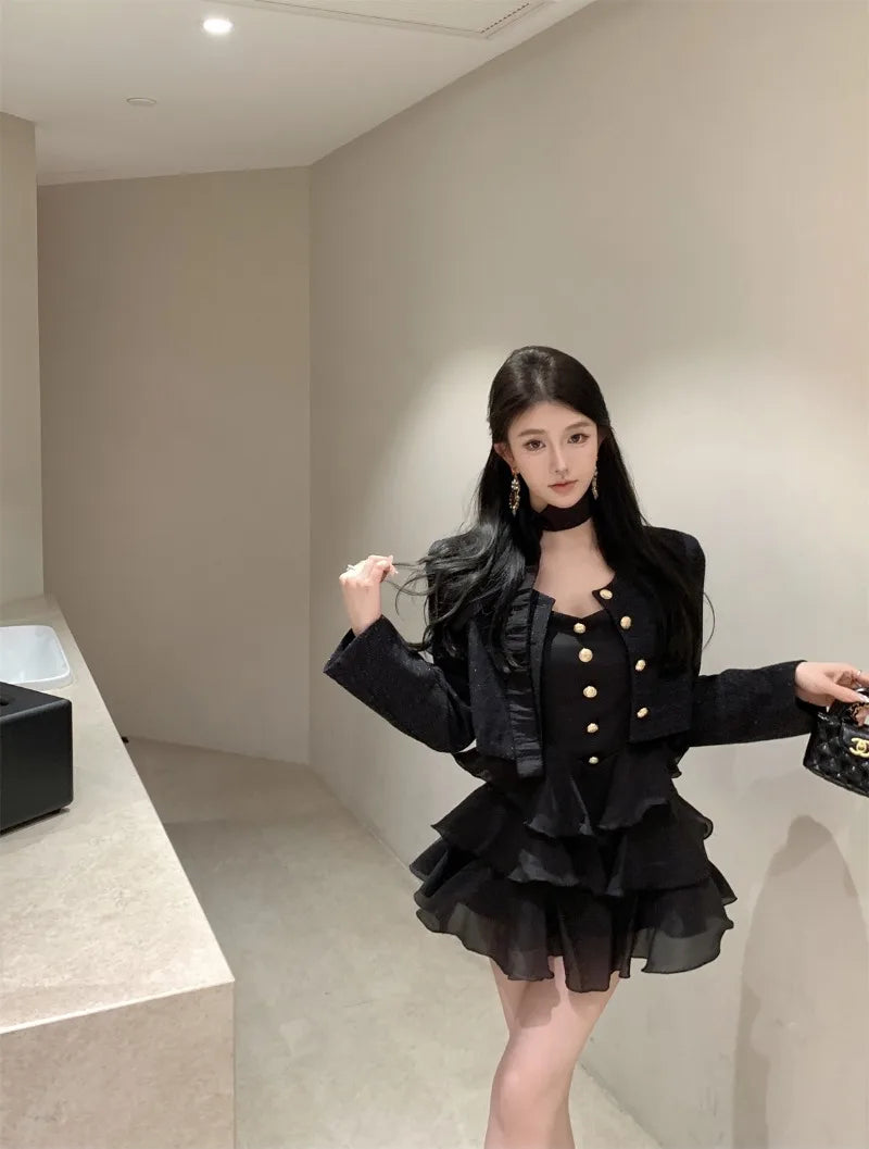 Sweet Hot Girl Suit Autumn Winter Gold Buckle Short Coat Laceup Slim Aline Dress Twopiece Set Female Clothes