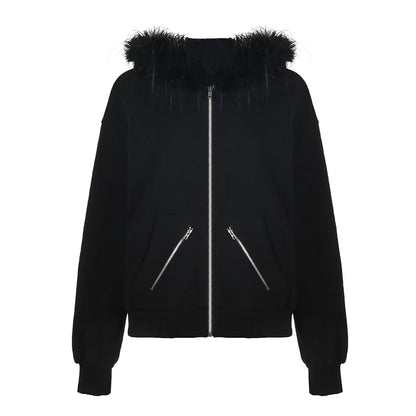 Large Fur Collar Hooded Zipper Sweatshirt ’s Minimalist Harajuku Crop Jacket Winter Outfits Letter