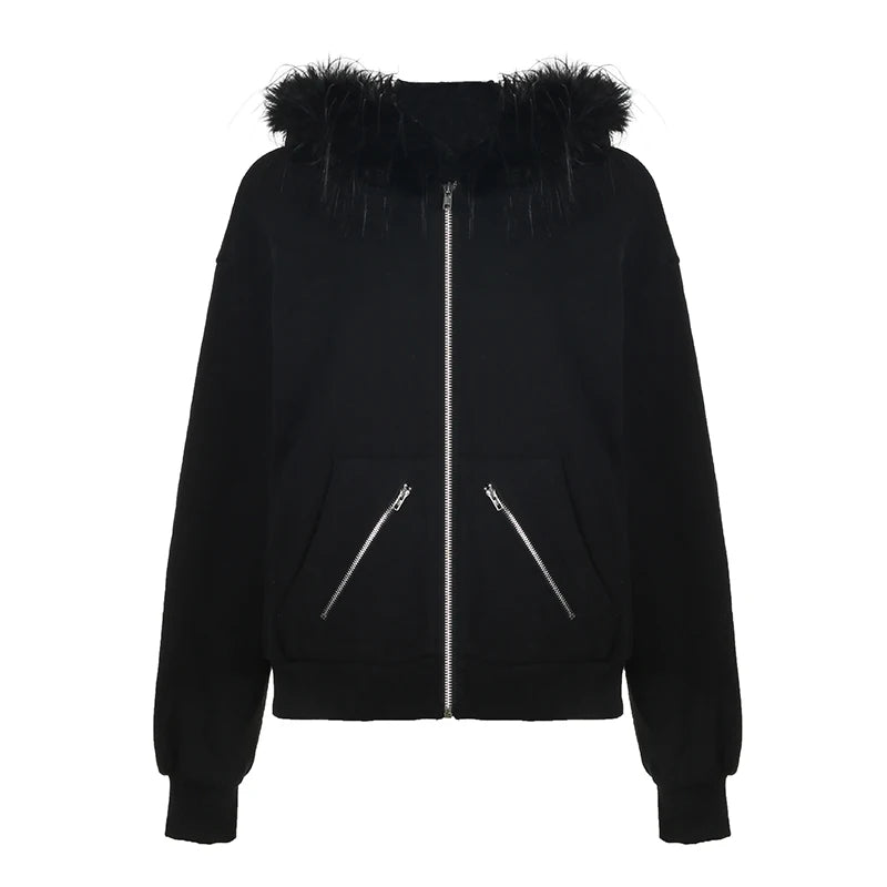 Large Fur Collar Hooded Zipper Sweatshirt ’s Minimalist Harajuku Crop Jacket Winter Outfits Letter