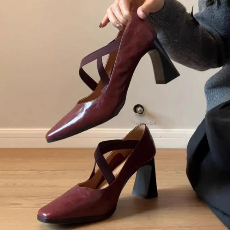 Comfortable Crosstied Chunky Heel Pumps Square Toe Shallow Mouth Sandals Office Brand Shoes Tacones Mujer
