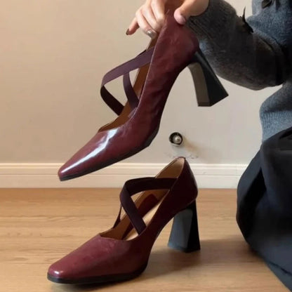 Comfortable Crosstied Chunky Heel Pumps Square Toe Shallow Mouth Sandals Office Brand Shoes Tacones Mujer