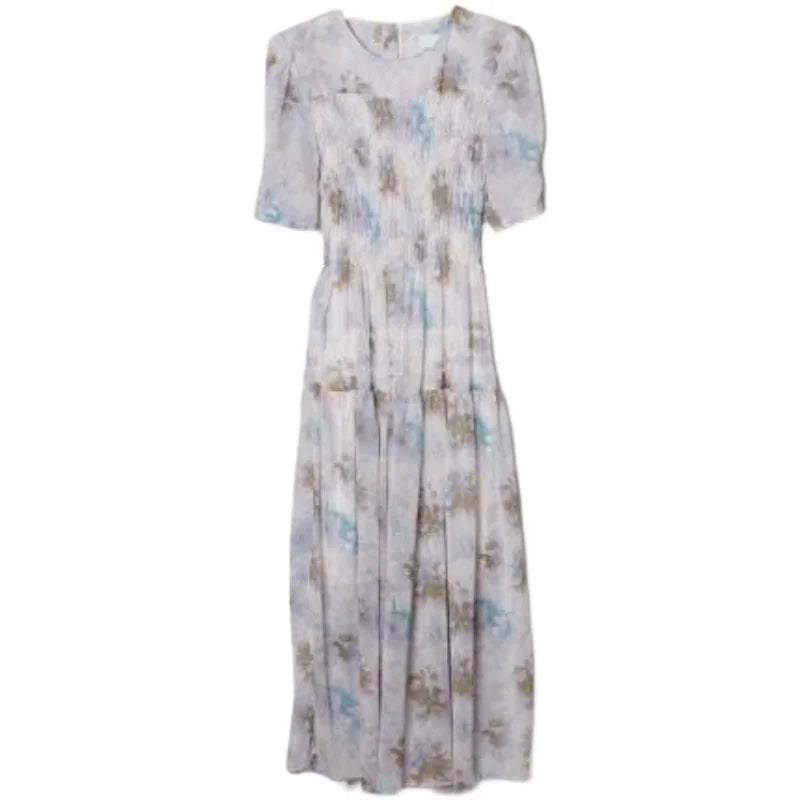 Kylethomasw Short Sleeve Chiffon Dress Print Elastic Waist White Dress Lady Summer Long Dresses for Vestido