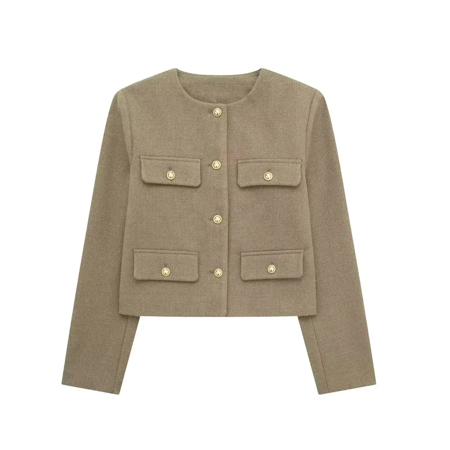 Button Fake Pocket Jacket O-neck Long Sleeve Single Breasted Cropped Coats New Lady Outerwear