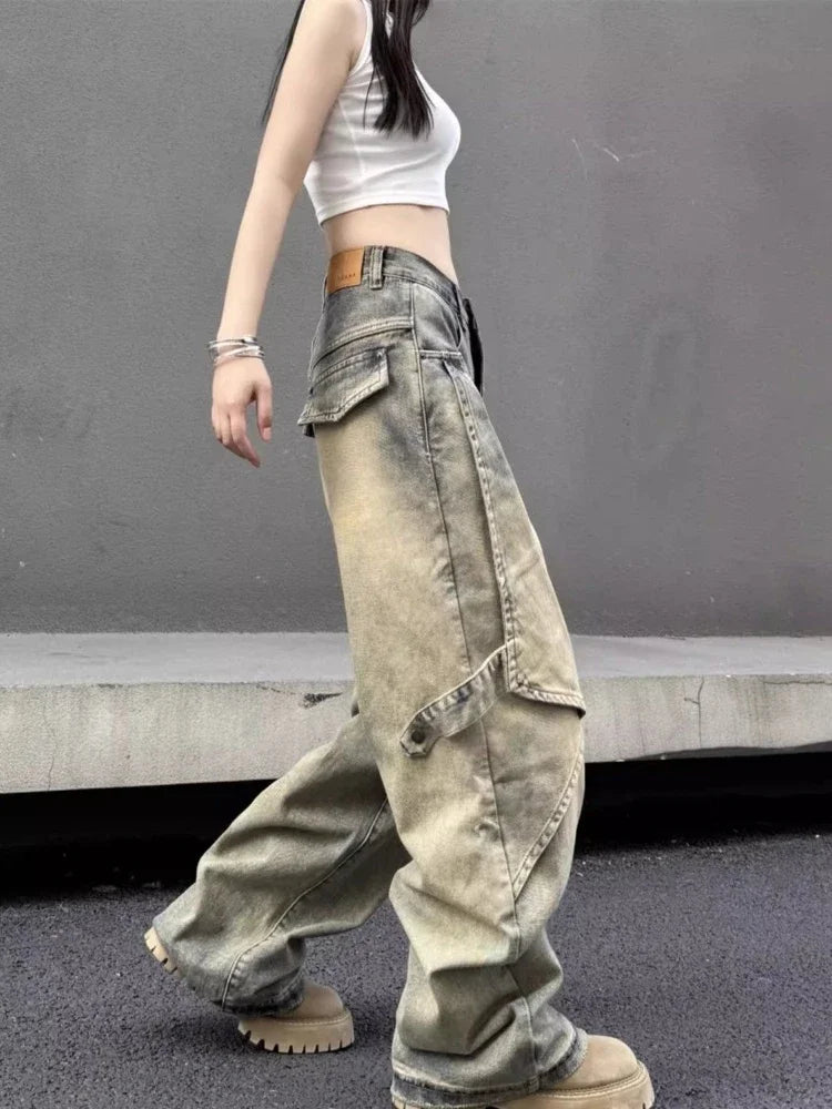 American Retro High Waist Baggy Jeans Y2k Hip Hop Straight Wide Leg Denim Pants Harajuku Causal Mujer Bottoms