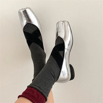 Mary Jane Shoes for Retro Medium Heeled Single Shoes Soft Genuine Leather Ballet Shoes