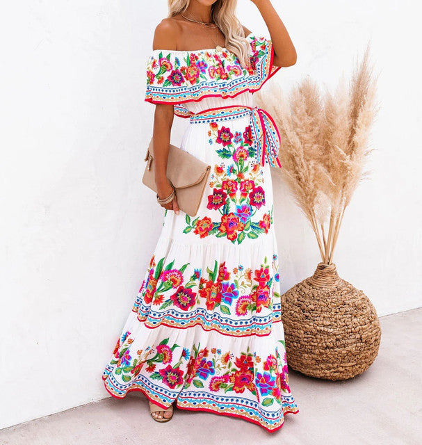 Flower Print Off Shoulder Long Dresses for Spring Summer New Temperament High Waist Leace-up Dress Female Vestidos