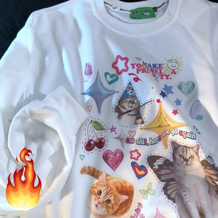 Kawaii Cat Print Hoodie Cutecore Long Sleeve Sweatshirt American Retro Egirl Kitten Angel Graphic Alt Clothes Y2k