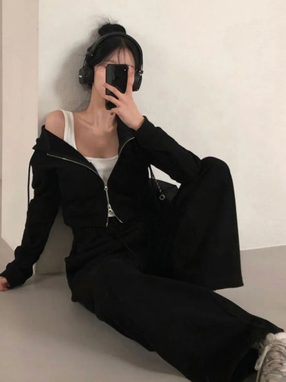 Korean 2-piece Pants Set Tracksuit Autumn New Hooded Zip-up Crop Top Long Pants Outfits