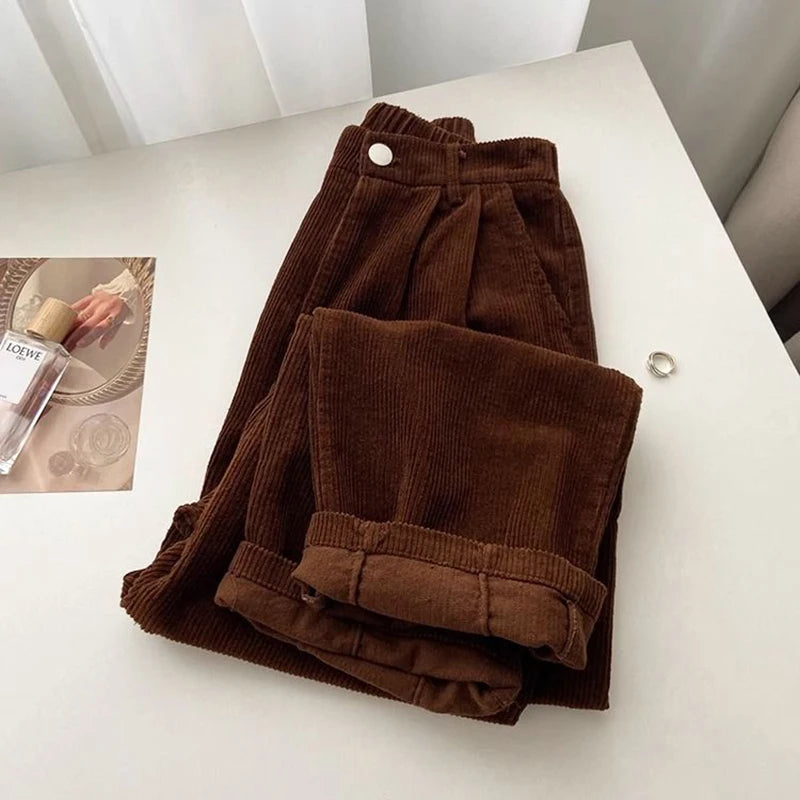 Retro High Waist Corduroy Pants Spring Fall Straight Causal Full Length Trousers Korean Baggy All Match Black Pant
