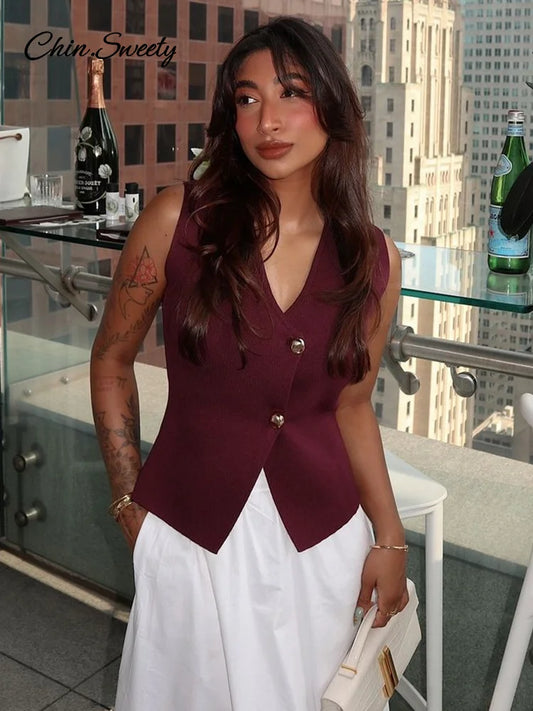 Single Breasted Knitted Vest Top Wine Red V-neck Sleeveless Sweater Tank Female Autumn Lady Knitwear New