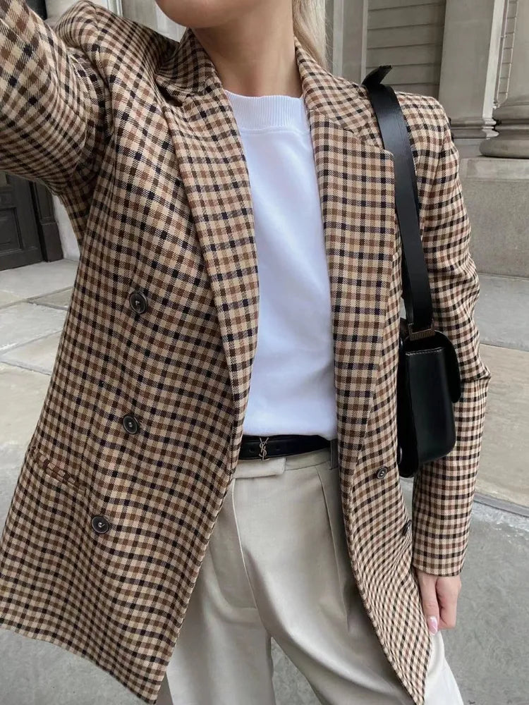 Autumn Plaid Blazer for Office Outfits New in Jacket Double Breasted Coat Oversized Blazer De Mujer