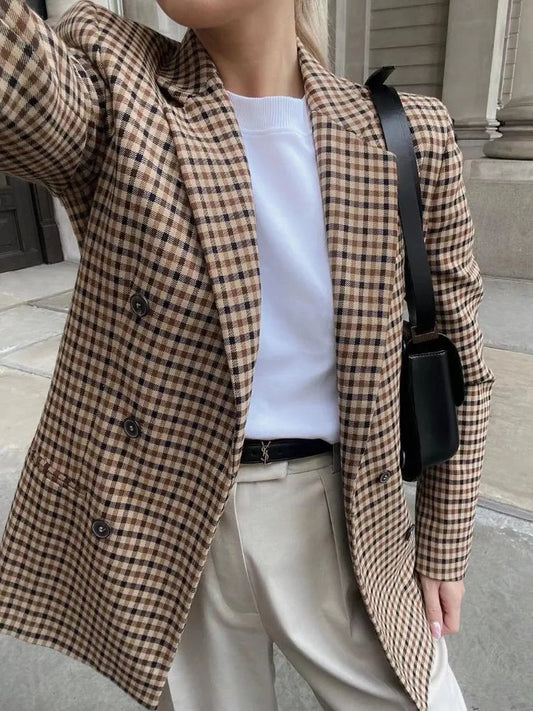 Autumn Plaid Blazer for Office Outfits New in Jacket Double Breasted Coat Oversized Blazer De Mujer