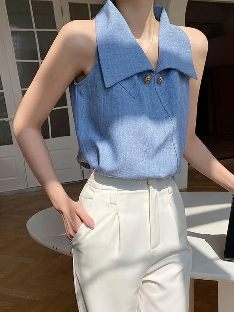 Temperament Lapel Blouse Sleeveless Off Shoulder Blue Shirts Office Lady Formal Tops Summer