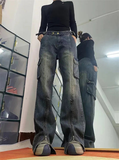 Blue Cargo Pants High Waist Washed Jeans American Retro High Street Flared Wide Leg Split Trousers With Zipper New