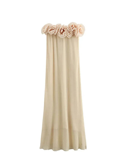 Summer Tube Long Dress 3d Flowers Decorate Strapless Dresses Female Sleeveless Slim Maxi Dress