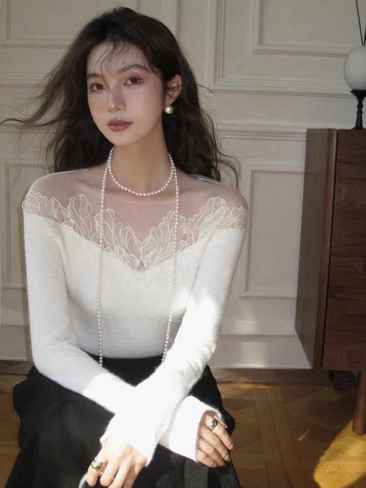 White Off Shoulder Knit Sweater Lace Transparent Mesh Long Sleeve Crop Pullovers Fairycore Aesthetics Clothes