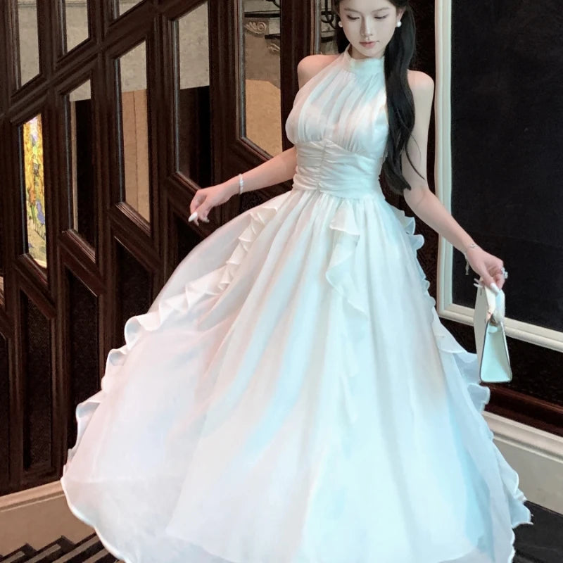 White Long Dresses Ruffles Halter Sleeveless Spring Summer Sweet Vestidos Korean Fasion Dress