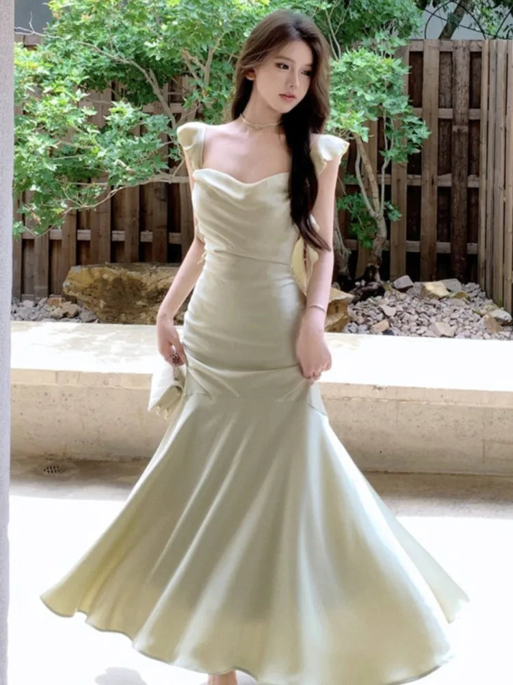Summer Mermaid Dress Bodycon Spaghetti Strap Midi Maxi Dresses Lady Stain Party Square Neck New Robe