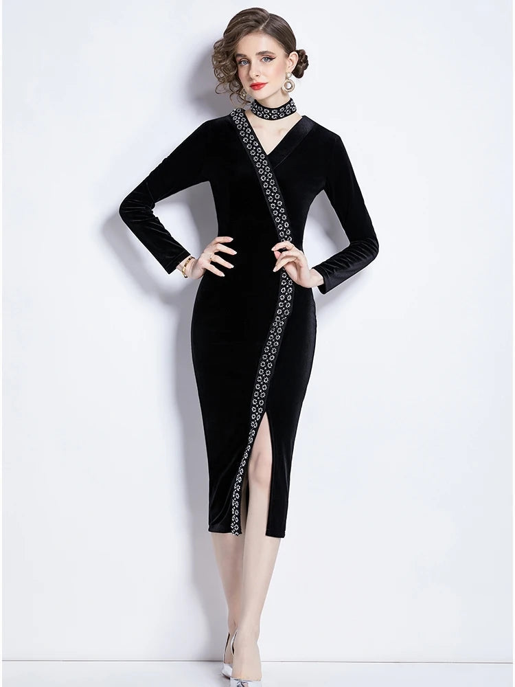 Beading Velvet Midi Dress V Neck Halter Black Bodycon Evening Split Vestidos Spring Female Wedding Party Clothes
