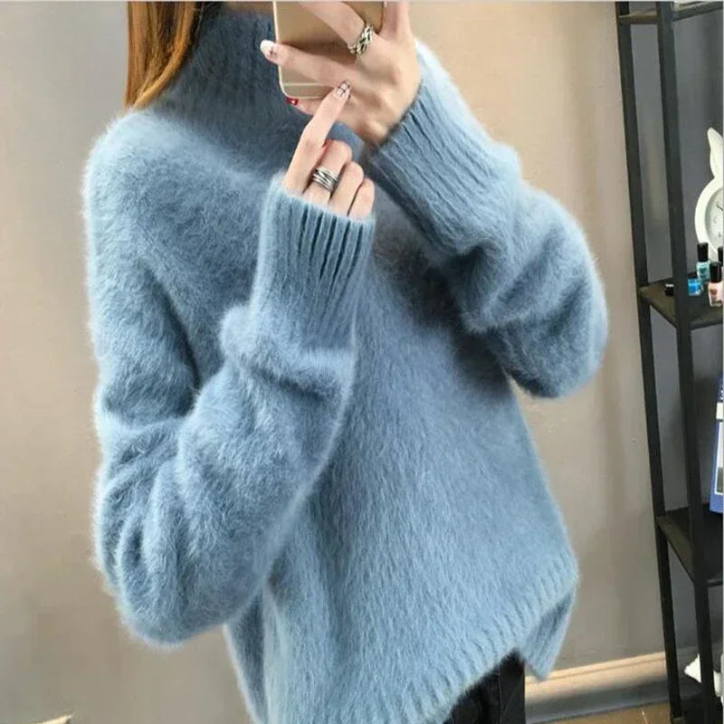 Winter Mink Faux Cashmere Thick Sweater Jumper White Pull Femme Loose Pullover Knitted Fluffy Sweaters for Winter