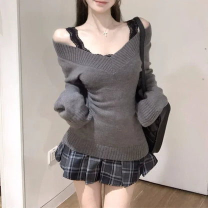Autumn New Loose Longsleeved Sweater + Plaid Skirt + Lace Splicing Black Camisole Threepiece Suit
