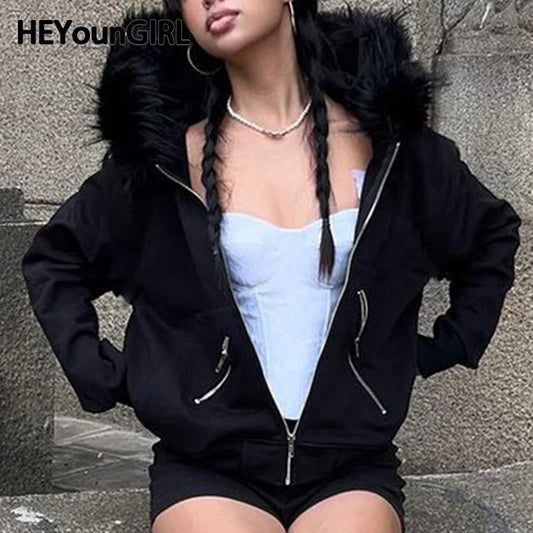 Large Fur Collar Hooded Zipper Sweatshirt ’s Minimalist Harajuku Crop Jacket Winter Outfits Letter