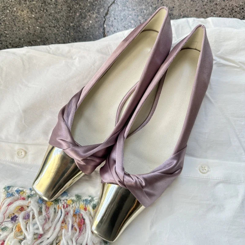 Metal Square Head Pumps Satin Designer Flat Shoes Summer New Party Dress Shoes Purple Comfy Fashionmueller Shoes
