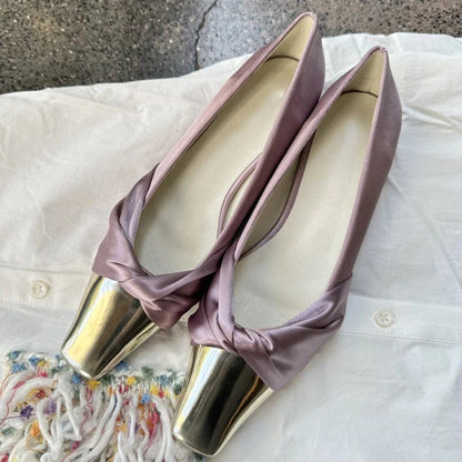 Metal Square Head Pumps Satin Designer Flat Shoes Summer New Party Dress Shoes Purple Comfy Fashionmueller Shoes
