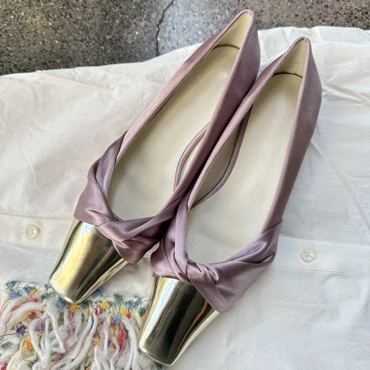 Metal Square Head Pumps Satin Designer Flat Shoes Summer New Party Dress Shoes Purple Comfy Fashionmueller Shoes