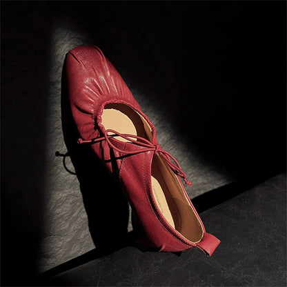 Retro Genuine Leather Pumps Low Round Heels Party Shoes Woman Round Toe Lace Up Pumps