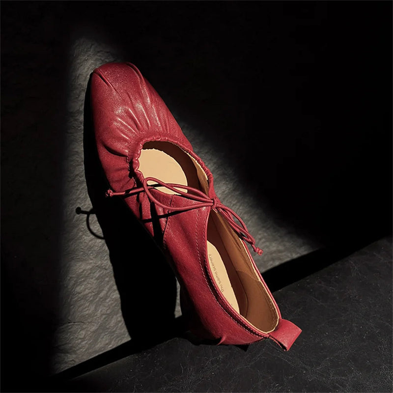 Retro Genuine Leather Pumps Low Round Heels Party Shoes Woman Round Toe Lace Up Pumps
