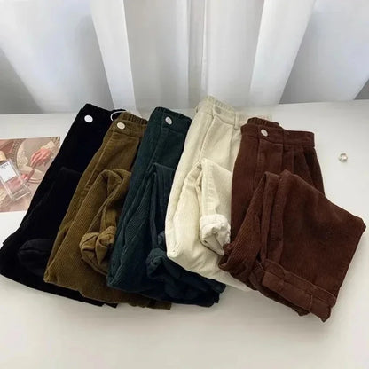 Retro High Waist Corduroy Pants Spring Fall Straight Causal Full Length Trousers Korean Baggy All Match Black Pant