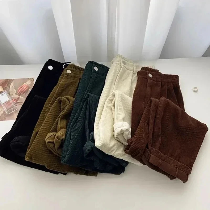 Retro High Waist Corduroy Pants Spring Fall Straight Causal Full Length Trousers Korean Baggy All Match Black Pant