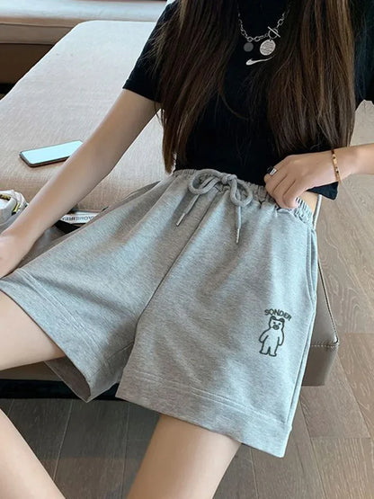 Loose Shorts Pants for Summer Clothes Bear Printed Ropa De Mujer Elastic High Waist Trousers