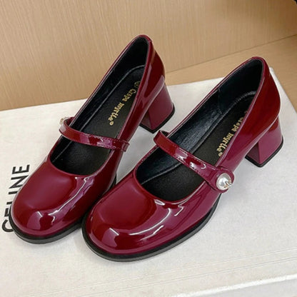 Sweet Round Head Patent Leather Mary Jane Shoes Brand Design Square Heel Tripping Strap Party Wedding Single Shoes