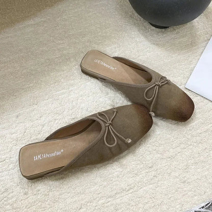 Mixed Color Bow Satin Square Toe Flat Slippers Comfortable Shallow Mule Shoes Zapatillas De Mujer