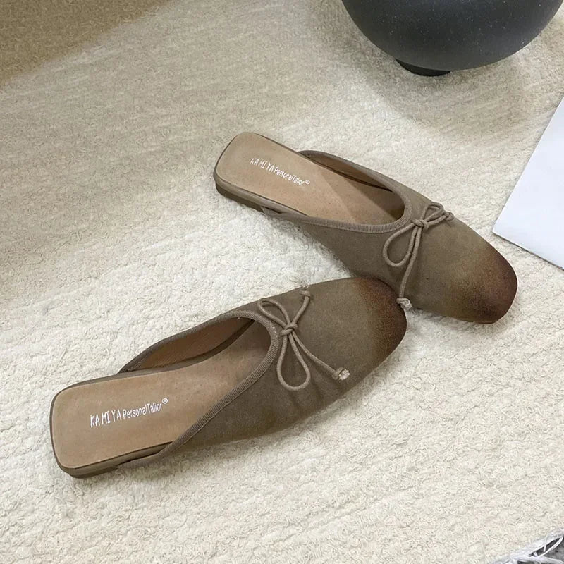 Mixed Color Bow Satin Square Toe Flat Slippers Comfortable Shallow Mule Shoes Zapatillas De Mujer