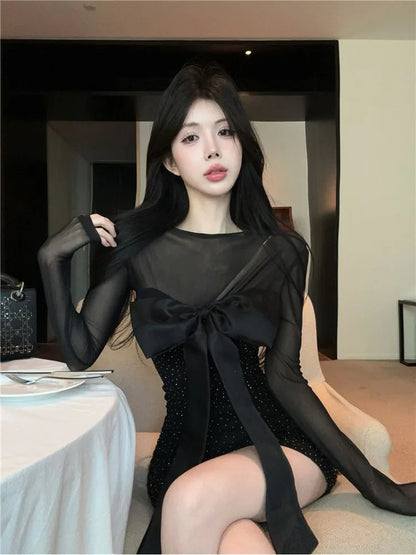 Mini Dresses Mesh Patchwork Bow Hollow Out Slim Shiny Long Sleeve Dress Party Club Female