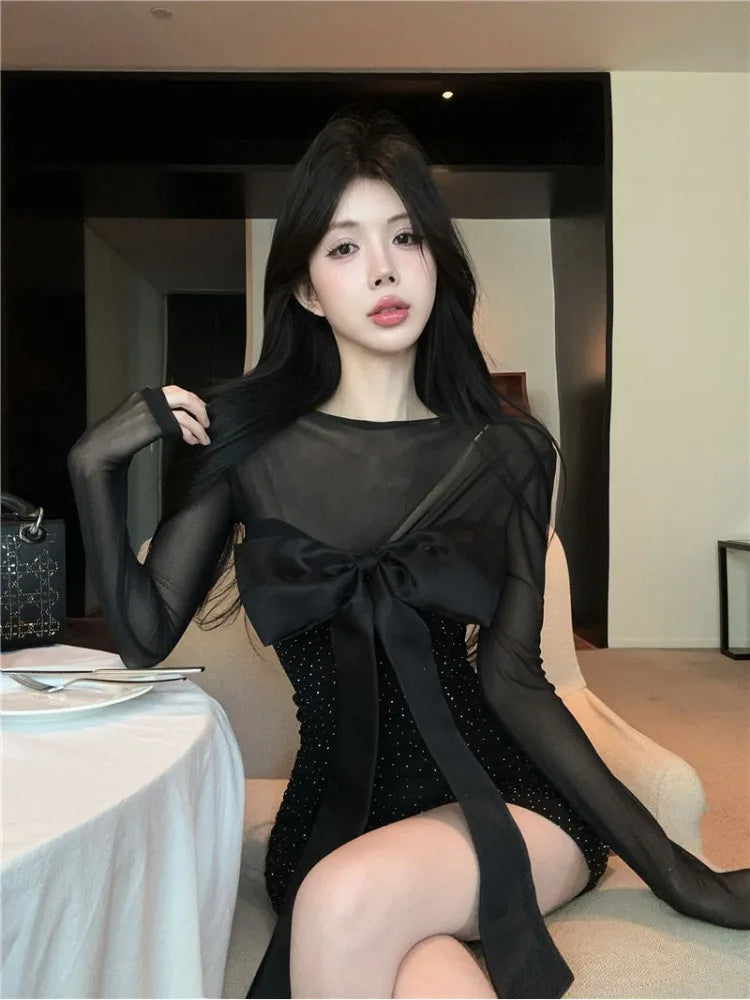 Mini Dresses Mesh Patchwork Bow Hollow Out Slim Shiny Long Sleeve Dress Party Club Female