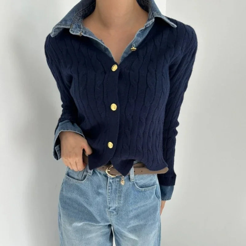 Contrast Color Denim Patchwork Longsleeved Cardigan Autumn New Polo Collar Multi Buttons Knitted Tops