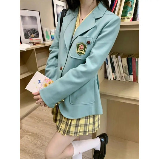 Autumn New Korean College Style Jk Uniform Suit Coat Bow Long Sleeve Shirt Plaid Pleated Skirt Set 3piece Set for