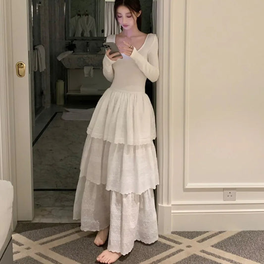 Autumn New Cake Midi Dresses for Long Sleeve U-neck Backless A-line Korean One Piece Vestidos Mujer