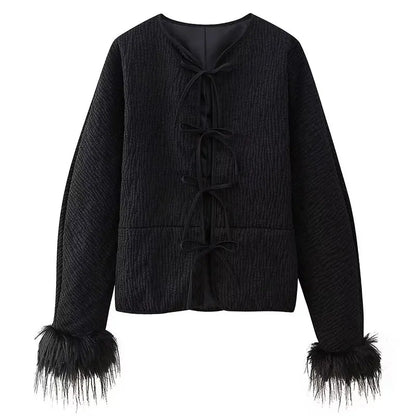 Spring Jacket for Long Sleeves Loose Quilted Coats Cuff Feather Laceup Outerwear
