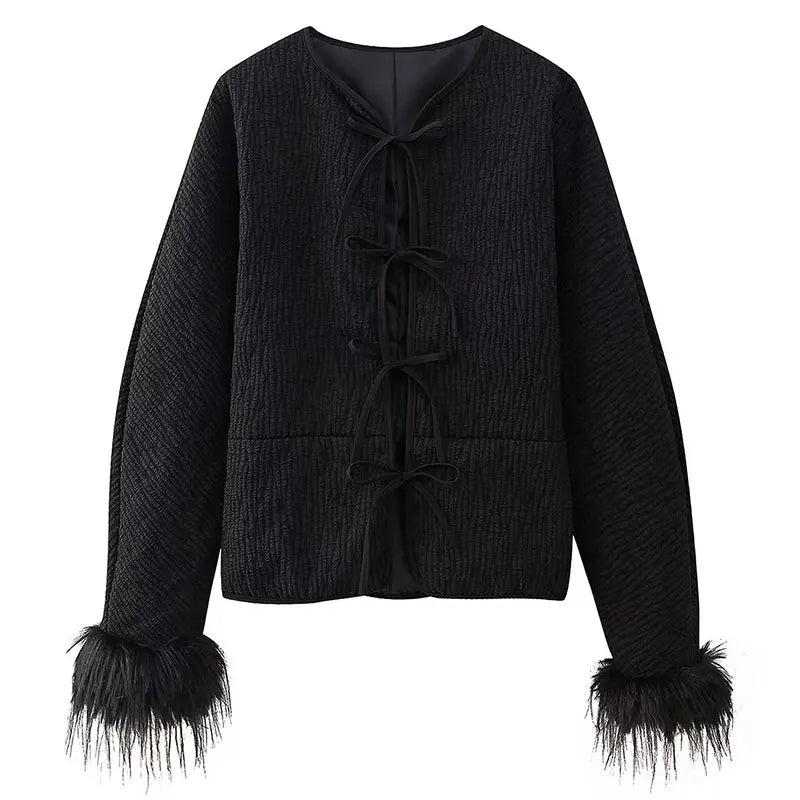 Spring Jacket for Long Sleeves Loose Quilted Coats Cuff Feather Laceup Outerwear
