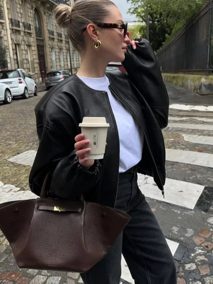 Zipper Round Neck Faux Leather Jacke Long Sleeved Color Coat Autumn New Lady Commuting Outerwear
