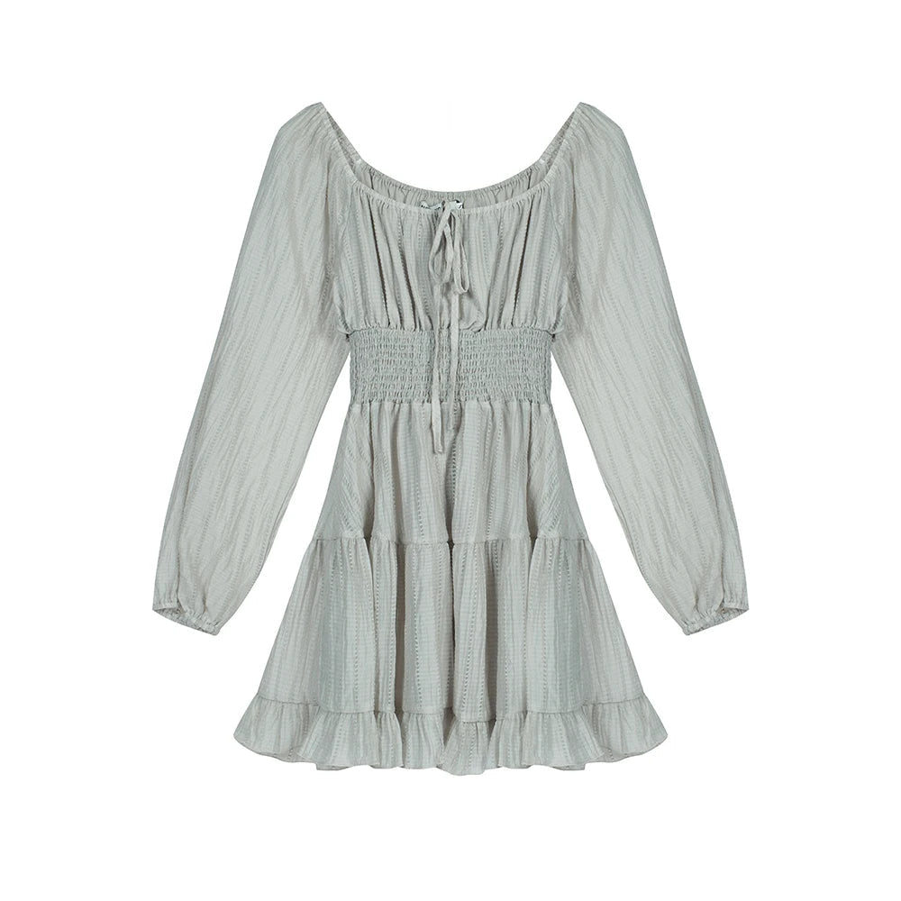 Summer New Gray Ruffles Laceup Pleated Mini Dress French High Waist Long Sleeves Vacation Short Dress Simple
