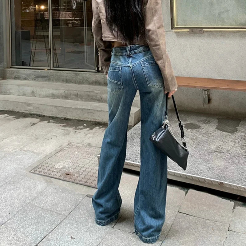 High Waist Loose All Match Jeans Autumn New Korean Splicing Washed Denim Wide Leg Pants
