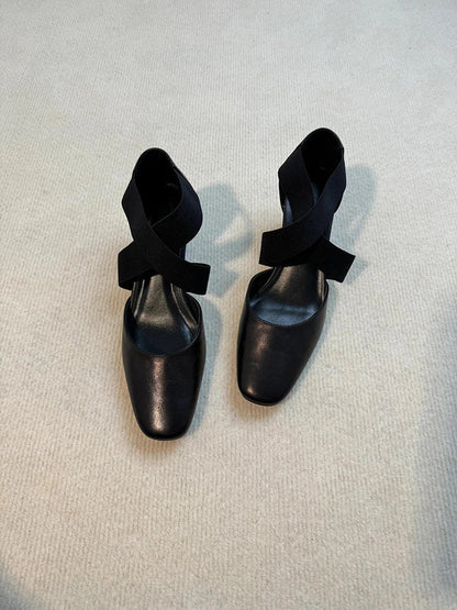 Sshoes Square Toe Thick Middle Heel Cross Elastic Cowhide Color Office Shallow Single Shoes